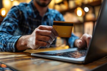 Poster - Man holding a credit card while using a laptop. Suitable for finance and online shopping concepts
