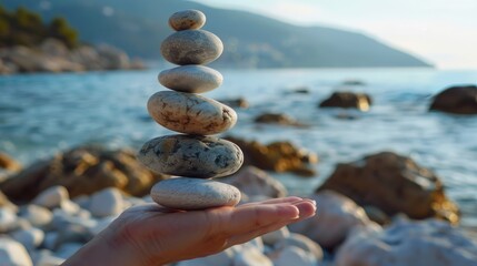 Poster - A person holding a stack of rocks near a body of water. Ideal for nature and outdoor-themed designs