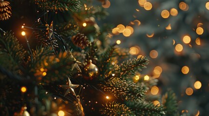 Poster - Close up view of a Christmas tree with twinkling lights in the background. Perfect for holiday season concepts
