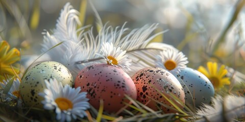 Poster - A group of eggs sitting on top of a grass-covered field. Perfect for Easter or farm-themed designs
