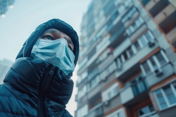 Poster - A person wearing a face mask in front of a tall building. Suitable for illustrating safety measures in urban environments