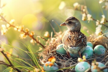 Poster - A bird perched on a nest full of eggs. Suitable for nature and wildlife themes