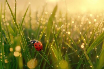 Aufkleber - A ladybug perched on vibrant grass. Perfect for nature and insect-themed designs