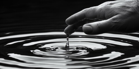 Poster - A person's hand reaching for a drop of water. Suitable for concepts of thirst, hydration, and necessity