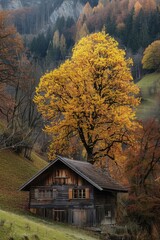 Aufkleber - A rustic old wooden cabin with a tree in the foreground. Ideal for rustic and nature-themed designs