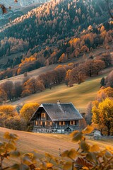 Poster - A house in a field with a mountain in the background. Suitable for real estate or nature concepts