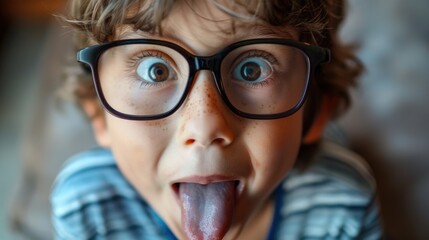 Poster - Playful young boy with glasses sticking out his tongue. Ideal for educational and playful concepts