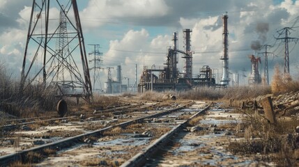 Poster - Industrial train track with factory in the background. Suitable for industrial themes