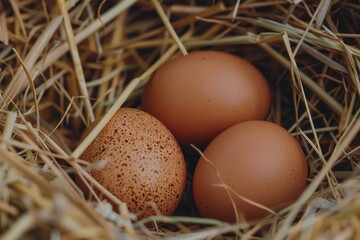 Aufkleber - Three brown eggs in a nest of hay. Suitable for farm or agriculture concepts