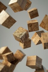 Poster - Wooden cubes floating in the air, suitable for creative design projects