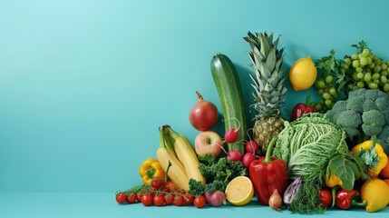 Wall Mural - Fresh produce displayed on a vibrant blue background. Ideal for healthy eating concepts