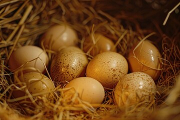 Poster - Close up of eggs in a nest of hay. Suitable for farm and agriculture concepts