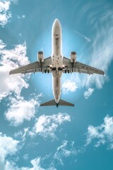 Poster - A large jetliner soaring through the clear blue sky. Suitable for travel and aviation themes