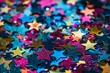 © SKIMP Art - Colorful star confetti background, colorful paper stars in various sizes scattered across the screen Generative AI