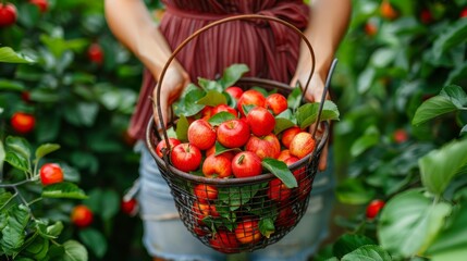 Sticker -   A woman in a red dress holds a basket filled with apples Surrounding her are fields of leaves and red berries