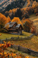Poster - A wooden house standing in the middle of a field. Suitable for real estate or nature concepts