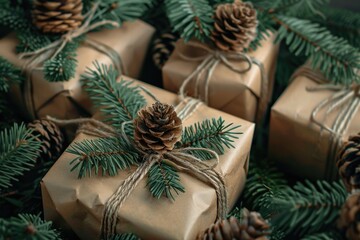 Aufkleber - Presents wrapped in brown paper with pine cones, perfect for holiday season decorations