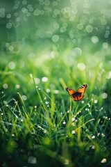 Aufkleber - Beautiful butterfly resting on vibrant green grass. Suitable for nature and wildlife concepts