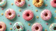 Various donuts with sprinkles on a blue background. Perfect for bakery or dessert concepts
