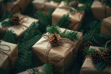 Aufkleber - A collection of gifts wrapped in rustic brown paper, adorned with pine cones. Perfect for holiday and rustic-themed designs