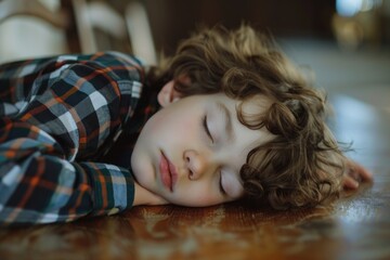 Aufkleber - A peaceful image of a young boy sleeping on a wooden table. Suitable for various projects
