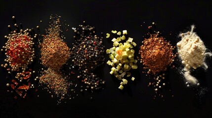 Poster - Assorted spices on black background. Suitable for culinary concepts