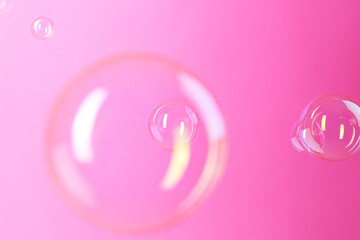 Poster - Beautiful transparent soap bubbles on pink background