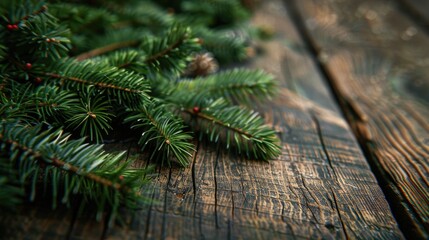 Poster - Close up of a pine tree on a wooden table, suitable for nature or Christmas themes