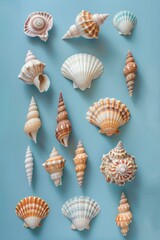 Poster - A collection of sea shells on a blue background, perfect for beach-themed designs