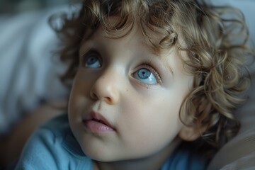 Sticker - A sweet little boy with curly hair and captivating blue eyes. Ideal for family and childhood concepts