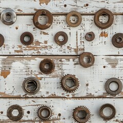 Aufkleber - Rusted gears on a wooden surface, suitable for industrial backgrounds