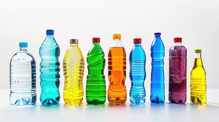 Poster - Row of different colored bottles of water, suitable for hydration concept