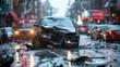 City Pulse: Aftermath of a Rainy Day Collision. Concept City Life, Rainy Day, Traffic Jam, Collision, Cleanup Efforts