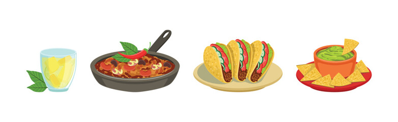 Sticker - Mexican Tasty Food and Spicy Dish Served Vector Set