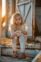 Poster - A young girl sitting on a set of stairs. Suitable for various projects
