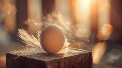 Poster - A white egg resting on a wooden block. Suitable for various concepts