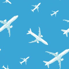 Canvas Print - A group of airplanes soaring through the clear blue sky. Suitable for travel and transportation concepts