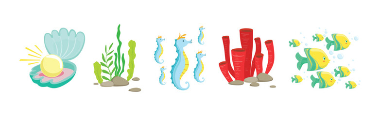 Poster - Fish and Coral with Shell and Algae as Sea Bottom Element Vector Set