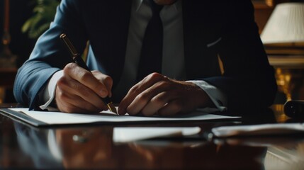 Aufkleber - A man in a suit writing on a piece of paper. Ideal for business and education concepts