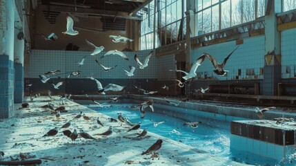 Poster - A flock of birds soaring above a pool. Ideal for travel brochures