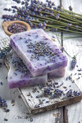 Poster - A bunch of soap on a rustic wooden table. Suitable for hygiene or spa concept