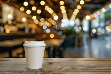 Wall Mural - Coffee in blank craft cup on wooden table in blurred cafe background. Take away cup