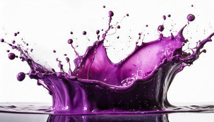 Bright purple paint splashes levitating isolated on white. Drops flying in the air. Abstract shape.