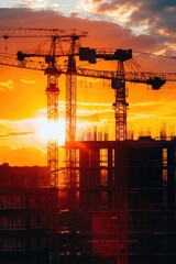 Poster - A scenic view of the sun setting over a construction site, perfect for construction and development concepts
