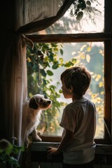 Aufkleber - A young boy observing a dog through a window. Suitable for various concepts