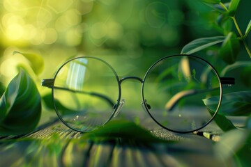 Aufkleber - A pair of glasses placed on a wooden table. Suitable for various concepts and designs
