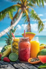 Poster - A wooden table covered with various fruits and beverages. Ideal for food and drink concepts