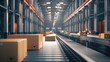boxes move seamlessly on a conveyor belt through a bustling warehouse, capturing the precision and efficiency of modern supply chain management.