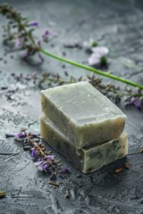 Poster - Two soap bars placed on a table, ideal for hygiene and cleanliness concepts