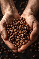 Poster - A person holding a handful of coffee beans. Suitable for coffee shops or food blogs